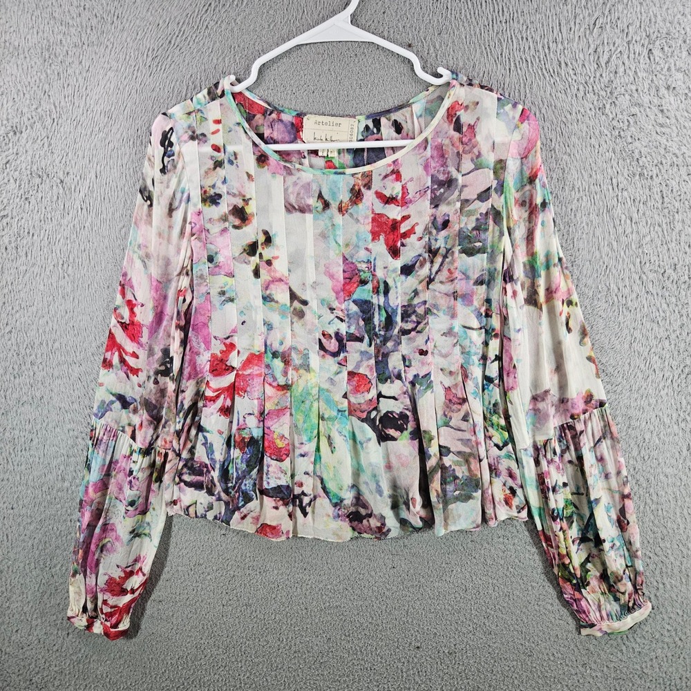 Artelier Nicole Miller Floral Pleated Viscose Blouse Multi Color Womens Small
